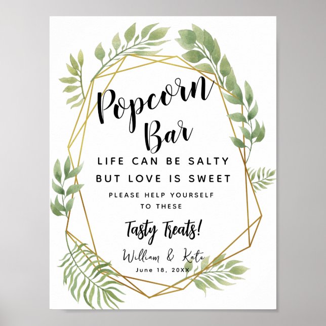 Crystal greenery Popcorn Bar wedding sign (Front)
