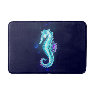 Crystal Ice Seahorse on Blue Background Bath Mat