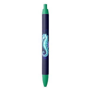 Crystal Ice Seahorse on Blue Background Black Ink Pen