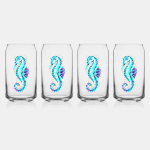 Crystal Ice Seahorse on Blue Background Can Glass