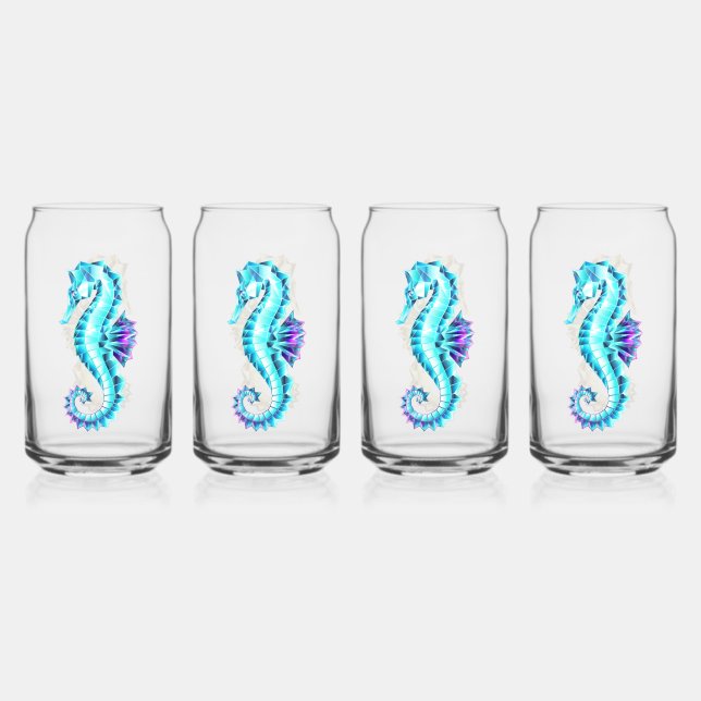 Crystal Ice Seahorse on Blue Background Can Glass (Back)