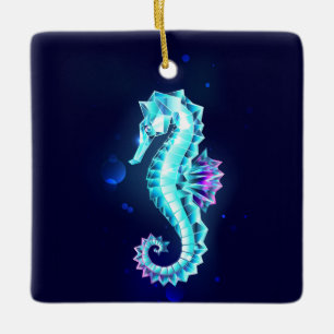 Crystal Ice Seahorse on Blue Background Ceramic Ornament