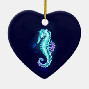 Crystal Ice Seahorse on Blue Background Ceramic Tree Decoration