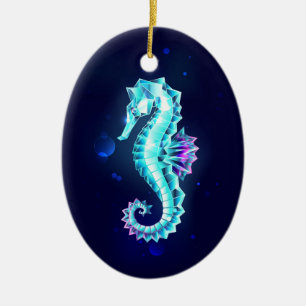 Crystal Ice Seahorse on Blue Background Ceramic Tree Decoration