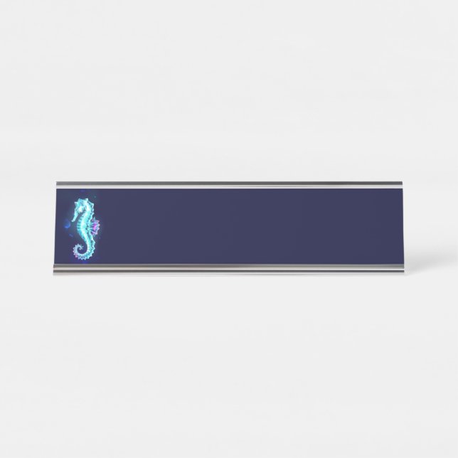 Crystal Ice Seahorse on Blue Background Desk Name Plate (Front)