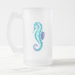 Crystal Ice Seahorse on Blue Background Frosted Glass Beer Mug