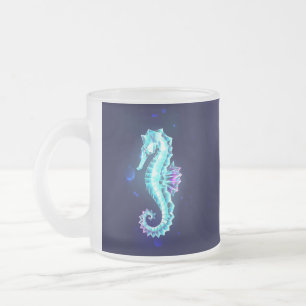 Crystal Ice Seahorse on Blue Background Frosted Glass Coffee Mug