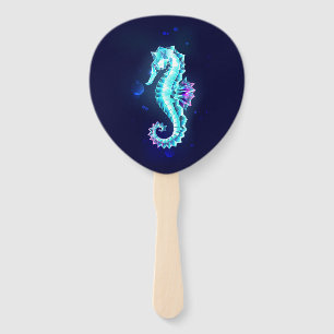 Crystal Ice Seahorse on Blue Background Hand Fan
