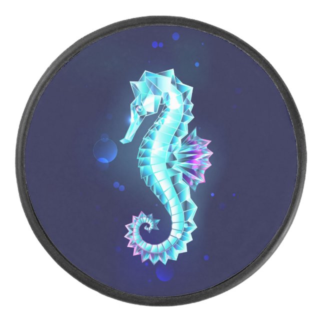Crystal Ice Seahorse on Blue Background Hockey Puck (Front)