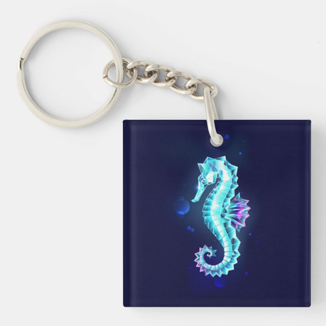 Crystal Ice Seahorse on Blue Background Key Ring (Front)