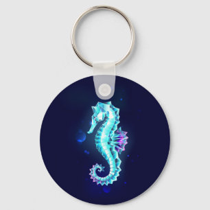 Crystal Ice Seahorse on Blue Background Key Ring