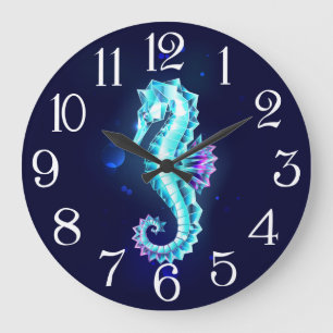 Crystal Ice Seahorse on Blue Background Large Clock