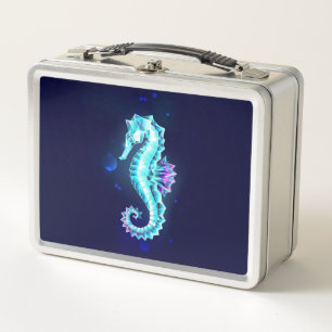 Crystal Ice Seahorse on Blue Background Metal Lunch Box