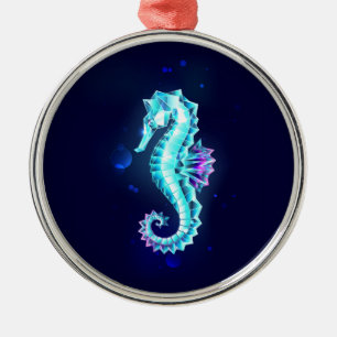 Crystal Ice Seahorse on Blue Background Metal Tree Decoration