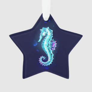 Crystal Ice Seahorse on Blue Background Ornament