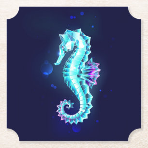 Crystal Ice Seahorse on Blue Background Paper Coaster