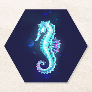 Crystal Ice Seahorse on Blue Background Paper Coaster