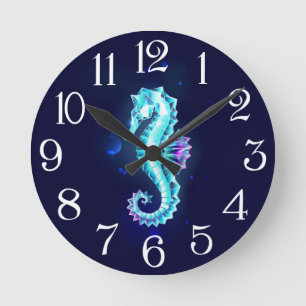Crystal Ice Seahorse on Blue Background Round Clock