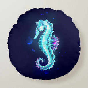Crystal Ice Seahorse on Blue Background Round Cushion