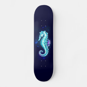 Crystal Ice Seahorse on Blue Background Skateboard