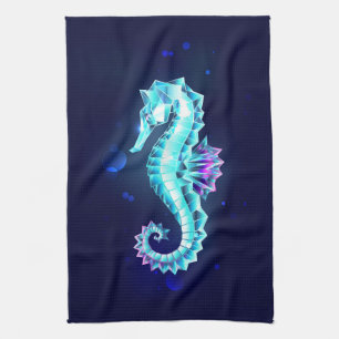 Crystal Ice Seahorse on Blue Background Tea Towel