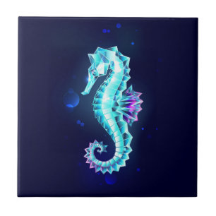 Crystal Ice Seahorse on Blue Background Tile