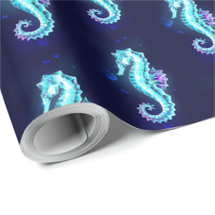 Crystal Ice Seahorse on Blue Background Wrapping Paper