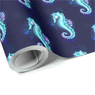 Crystal Ice Seahorse on Blue Background Wrapping Paper