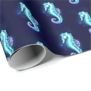 Crystal Ice Seahorse on Blue Background Wrapping Paper