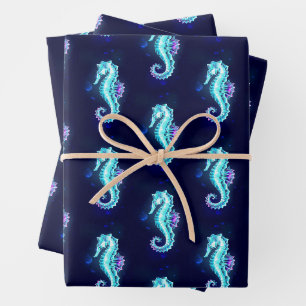 Crystal Ice Seahorse on Blue Background Wrapping Paper Sheet