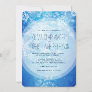 Crystal Icy Snowflakes on Blue Winter Wedding Invitation
