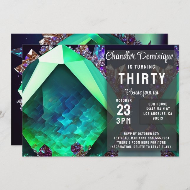 Crystal Jewel Green Emerald Gemstone May Birthday Invitation (Front/Back)