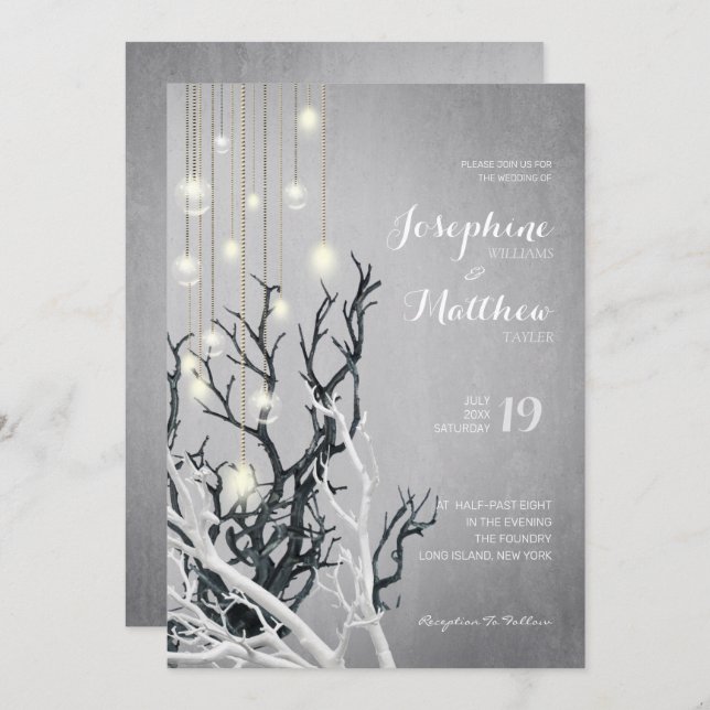 Crystal Light String White Branch Grey Wedding Invitation (Front/Back)