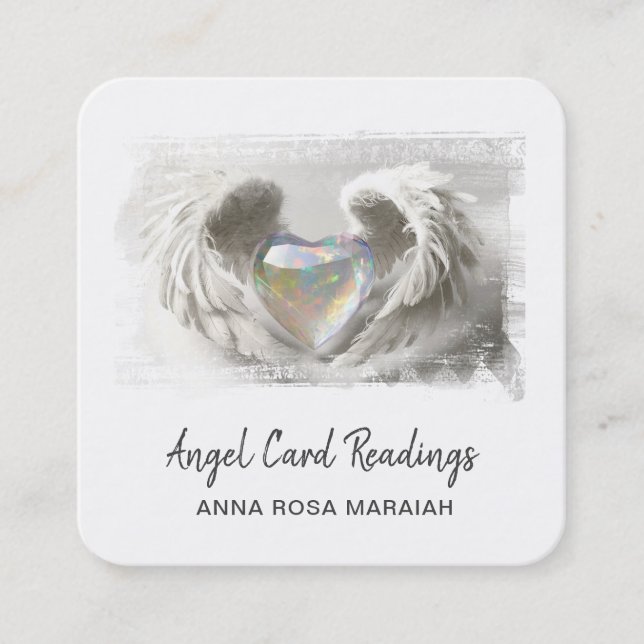 *~* Crystal Opal Heart QR Angel Wings AP78 Silver Square Business Card (Front)
