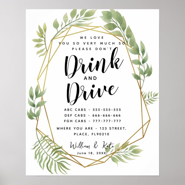 Crystal  party Taxis don't drink and drive sign (Front)