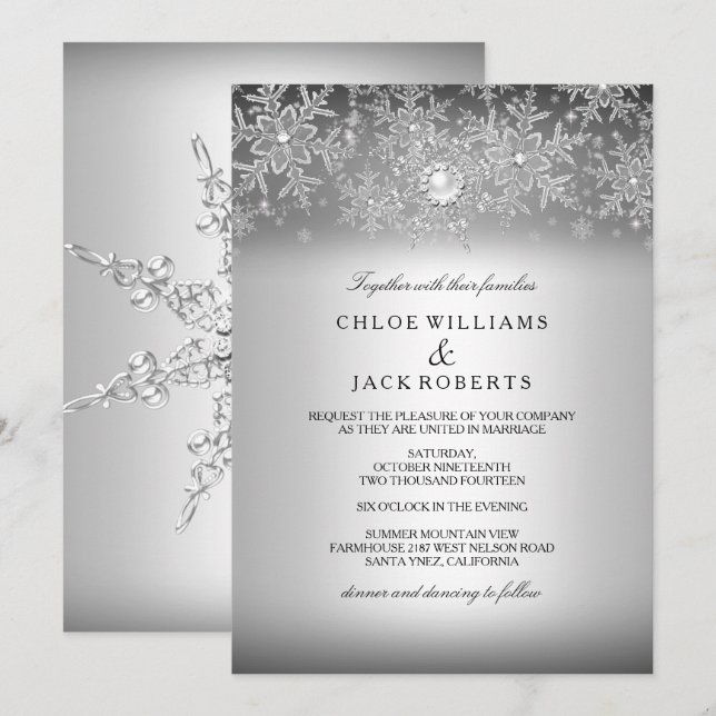 Crystal Pearl Snowflake Silver Winter Wedding Invitation (Front/Back)