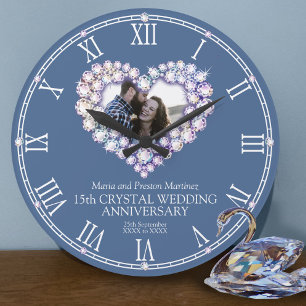Crystal photo heart 15th wedding anniversary large clock