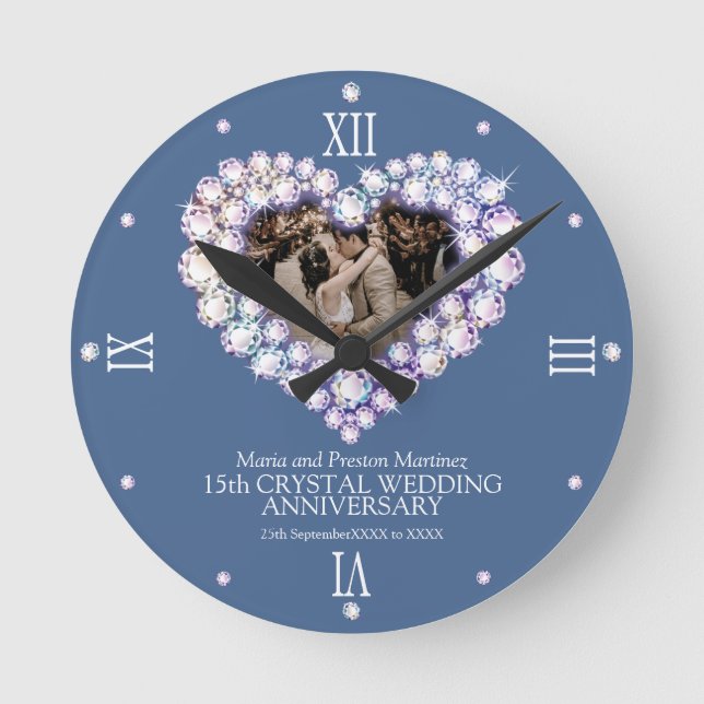 Crystal photo heart 15th wedding anniversary  round clock (Front)