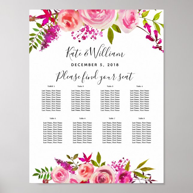 crystal Pink Peach Roses  Table plan party/wedding Poster (Front)