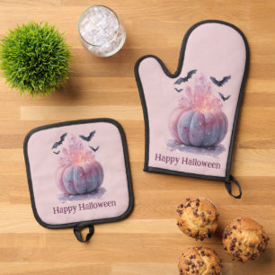Crystal Pumpkin Happy Halloween Aesthetic Oven Mitt & Pot Holder Set