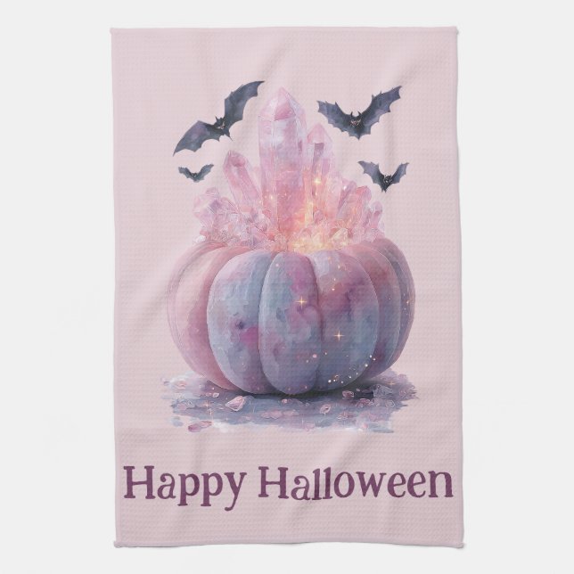 Crystal Pumpkin Happy Halloween Aesthetic Tea Towel (Vertical)