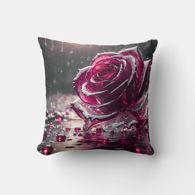 “Crystal Rose with Raindrops- Gem-like Floral Art" Cushion (Front)