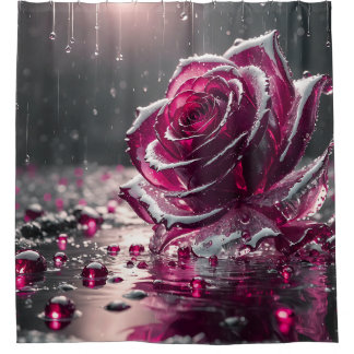 “Crystal Rose with Raindrops- Gem-like Floral Art" Shower Curtain