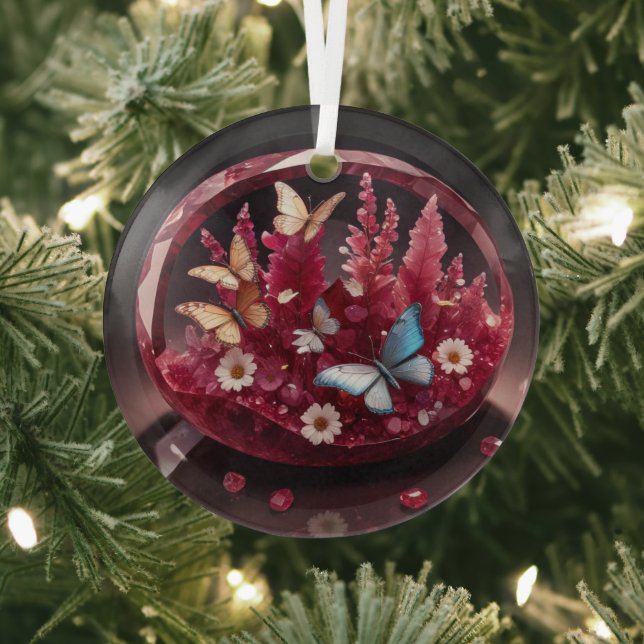 Crystal Ruby Flower Garden Butterflies Glass Tree Decoration (Insitu)