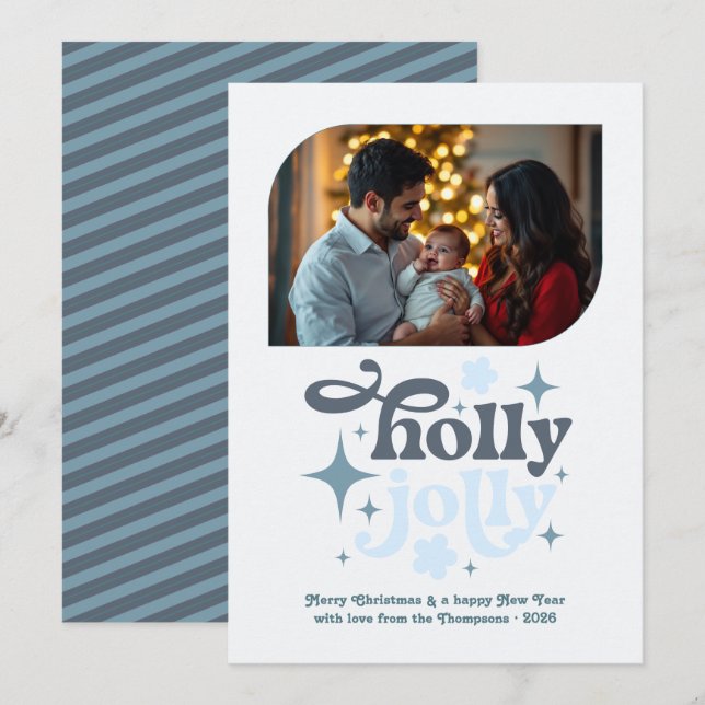Crystal Snowfall Modern Blue Christmas Photo Holiday Card (Front/Back)