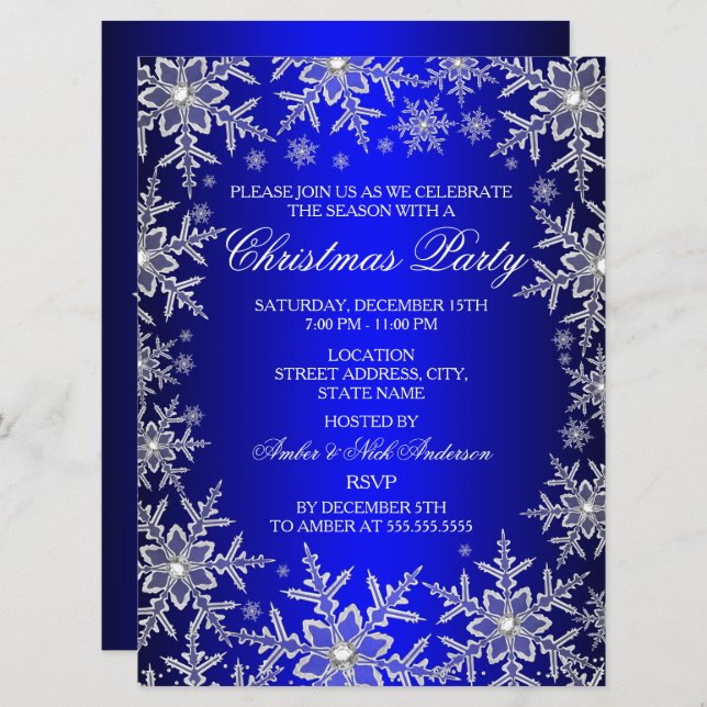 Crystal Snowflake Blue Christmas Party Invite (Front/Back)