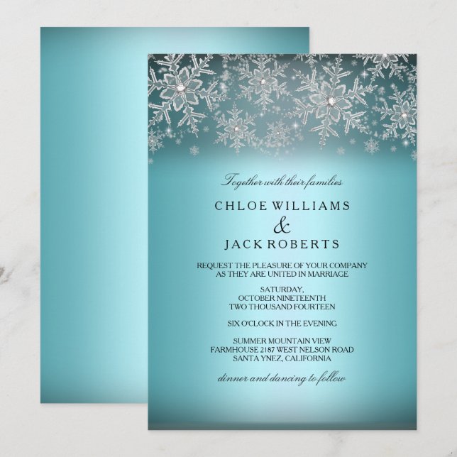 Crystal Snowflake Blue Winter Wedding Invitation (Front/Back)