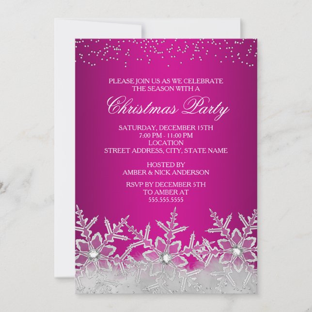 Crystal Snowflake Hot Pink Christmas Party Invite (Front)