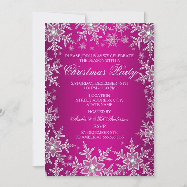 Crystal Snowflake Hot Pink Christmas Party Invite (Front)