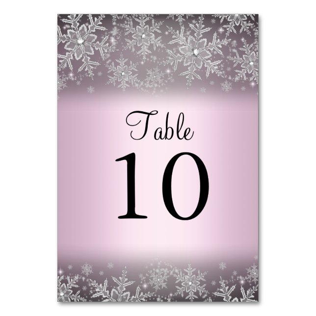 Crystal Snowflake Pink Winter Table Number Card (Front)